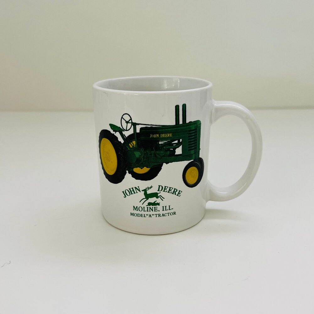 JOHN DEERE White Green Ceramic Model "A" Tractor Moline ILL Coffee Mug